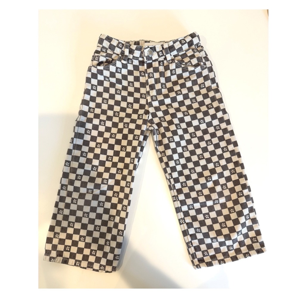 Zara Girls Twill Checkered Board Print, Baggy Fit Jeans, Black and Cream, Size 4